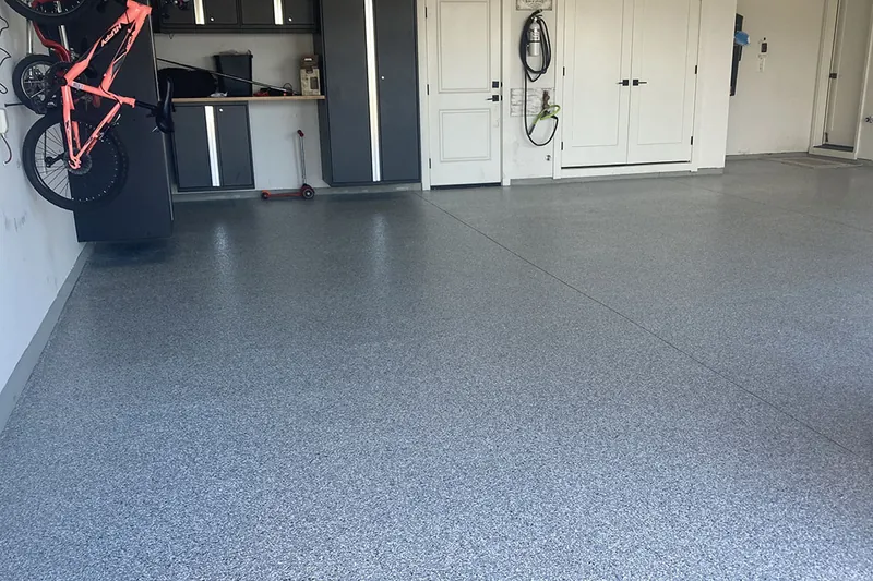 Flake epoxy garage floor with bike storage
