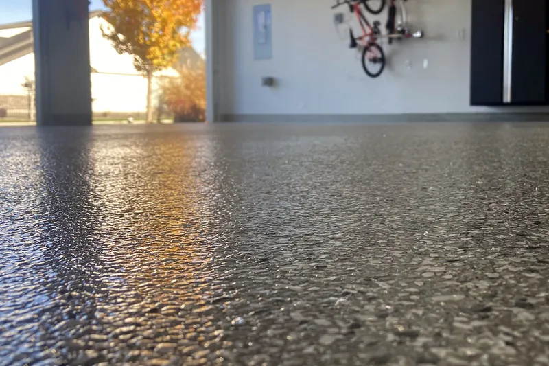 Low view of flake epoxy garage floor