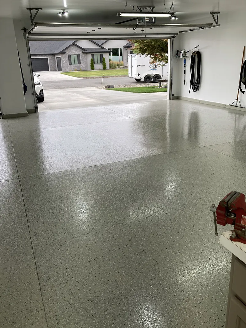 Flake epoxy garage floor with doors open