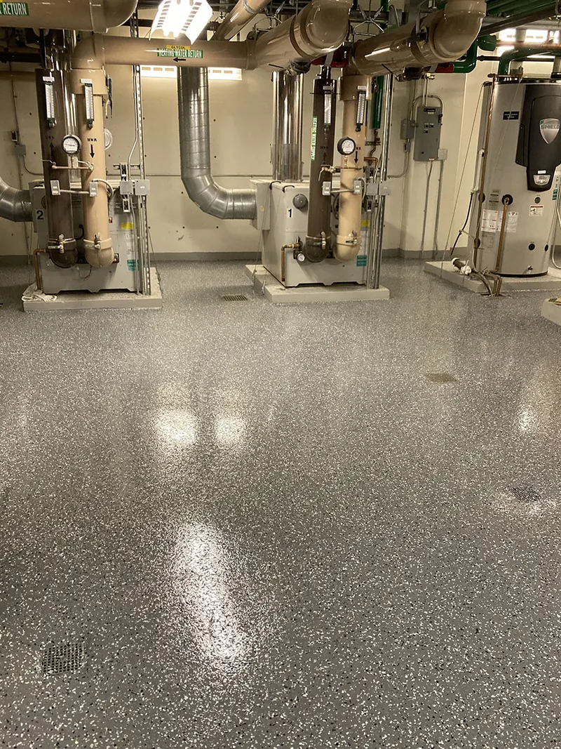 Flake epoxy floor in a commercial boiler room