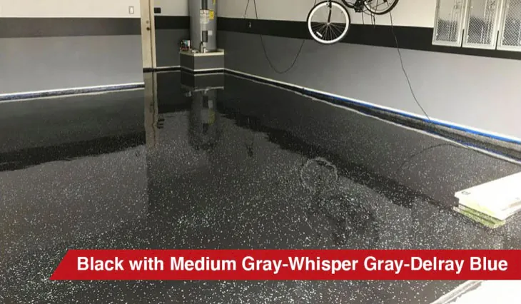 Black epoxy garage floor with Medium Gray, Whisper Gray and Delray Blue flake blend